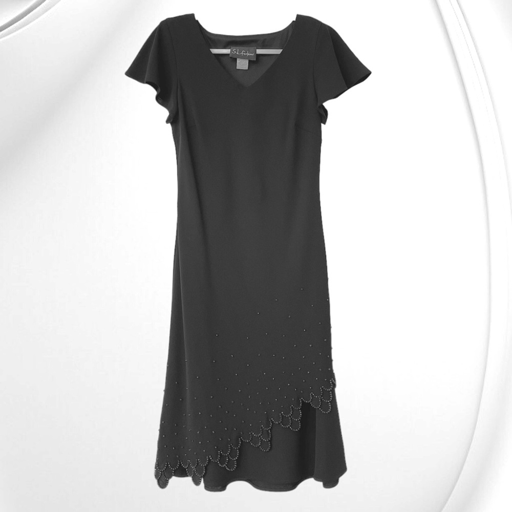 S.L Fashions Cocktail Party Sheath Beaded Dress Black Asymmetrical Short Sleeves